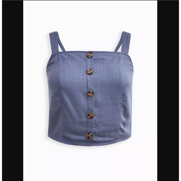 Torrid Crop Top 3X 22 24 Blue Chambray Woven Cami Tank Button Front Square Neck - Picture 5 of 6